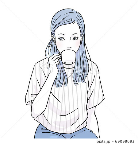 コーヒーを飲む若い女性 上半身 女性 半袖 夏 のイラスト素材