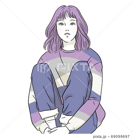 膝を抱えて座る若い女性 上半身 女性 長袖 冬 のイラスト素材