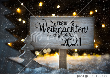Christmas Tree, Snowflakes, Sign, Calligraphy Glueckliches 2021 Means Happy 2021 Christmas Tree, Snowflakes, Sign, Calligraphy Glueckliches 2021 Means Happy 2021 69100359