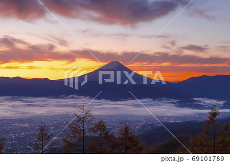 夜明けの富士山と甲府盆地 山梨県韮崎市甘利山にて 夜明けの富士山と甲府盆地 山梨県韮崎市甘利山にて 69101789