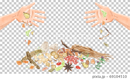 Chinese herbal medicine illustration spilling from palm 69104510