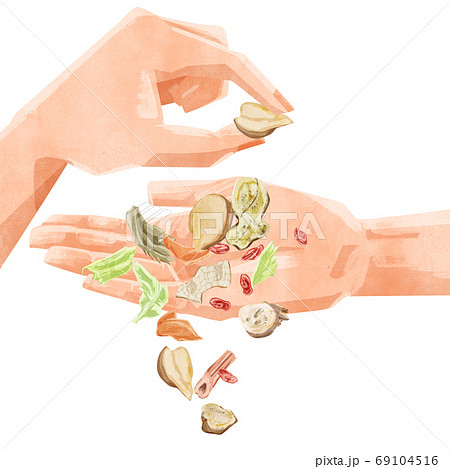 手のひらからこぼれ落ちる漢方生薬イラスト 69104516