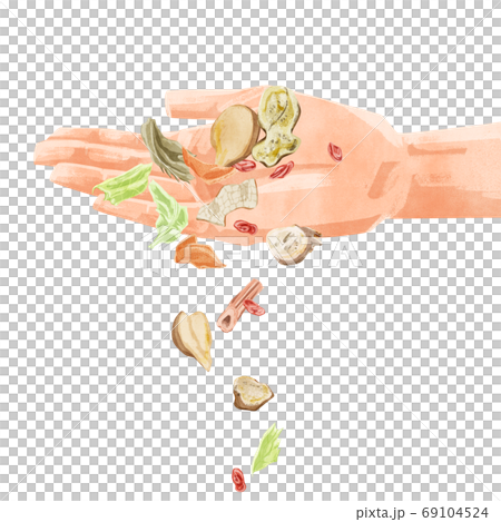 手のひらからこぼれ落ちる漢方生薬イラスト 69104524