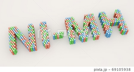 NI-MH text made with many batteries. Electrical technologies related 3d rendering 69105938