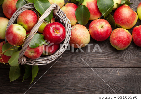 Ripe garden apple fruits in basket 69106590