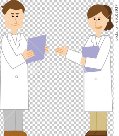 Researchers discussing with documents 69108937