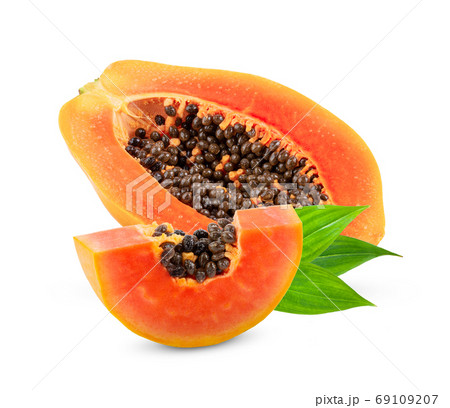 Piece of ripe papaya fruit with seeds isolated on 69109207