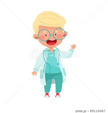 Smiling Boy in Medical Wear Standing and Waving Hand Vector Illustration 69110067