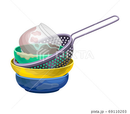 Stack of Dirty Dishes and Utensils with Bowls and Colander Vector Illustration Stack of Dirty Dishes and Utensils with Bowls and Colander Vector Illustration 69110203