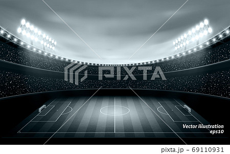 ライトアップされた白黒のサッカースタジアム ベクターイラストレーションのイラスト素材