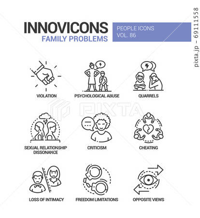 Family problems concept line design style icons set 69111558