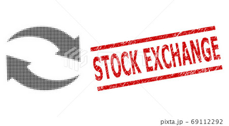 Grunge Stock Exchange Stamp and Halftone Dotted Exchange Arrows Grunge Stock Exchange Stamp and Halftone Dotted Exchange Arrows 69112292