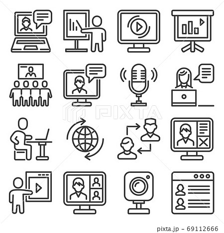 Seminar and Webinar Video Meeting Icons Set. Vector 69112666
