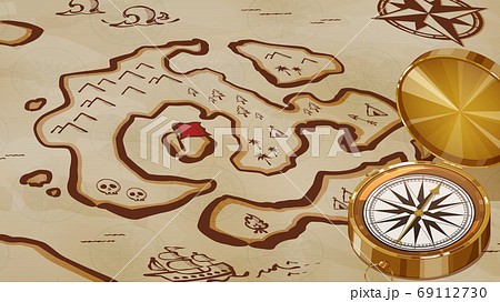 コンパスと古い宝の地図の背景イラストのイラスト素材