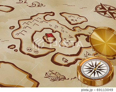 コンパスと古い宝の地図の背景イラストのイラスト素材