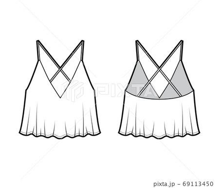 Cropped camisole top technical fashion illustration with deep V-neck, flare hem, loose silhouette, X-straps at back. Cropped camisole top technical fashion illustration with deep V-neck, flare hem, loose silhouette, X-straps at back. 69113450