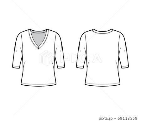 Deep V-neck jersey sweater technical fashion illustration with elbow sleeves, oversized body. Deep V-neck jersey sweater technical fashion illustration with elbow sleeves, oversized body. 69113559