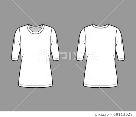 Crew neck jersey sweater technical fashion illustration with elbow sleeves, oversized body, tunic length. Crew neck jersey sweater technical fashion illustration with elbow sleeves, oversized body, tunic length. 69113925