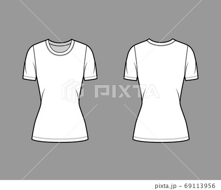 Crew neck jersey t-shirt technical fashion illustration with short sleeves, close-fitting shape, tunic length Crew neck jersey t-shirt technical fashion illustration with short sleeves, close-fitting shape, tunic length 69113956