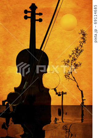 Violin on orange background with reflective surface. Sultry music 69114685