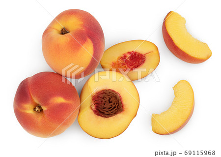ripe peach isolated on white background with clipping path. Top view. Flat lay pattern 69115968