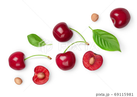 red sweet cherry isolated on white background with clipping path . Top view. Flat lay 69115981