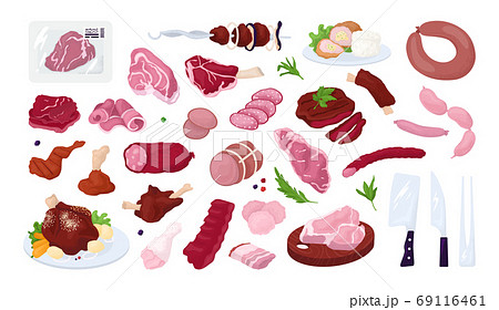Meat set of isolated vector illustrations. Meat cuts assortment of beef, pork, lamb, round steak and boneless rump, whole leg. 69116461