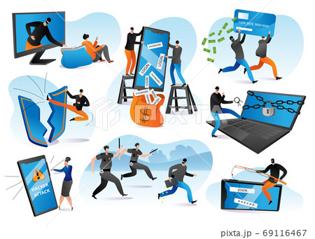 Hacker attack vector illustrations set. Cyber crime, thief stealing personal information from internet netwrk. Protection. 69116467