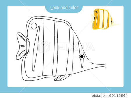 Look and color. Coloring page outline of a tropical fish with colored example. Vector illustration, coloring book for kids. 69116844
