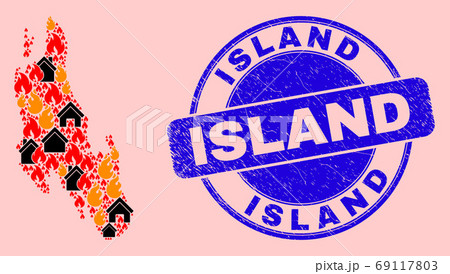 Zanzibar Island Map Mosaic of Fire and Buildings and Grunge Island Stamp 69117803