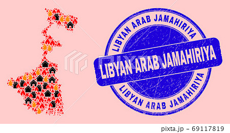 West Bengal State Map Composition of Fire and Realty and Scratched Libyan Arab Jamahiriya Seal Stamp 69117819