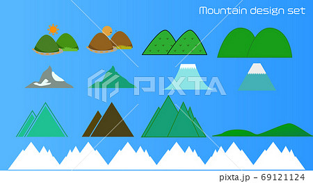 富士山や手書きの可愛い山と山のアイコンイラストデザインセットのイラスト素材