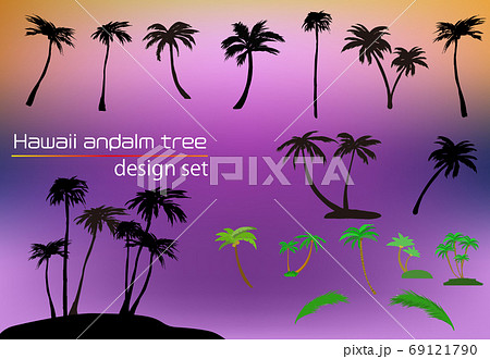 ハワイのヤシの木と無人島のシルエットイラストデザインセットのイラスト素材