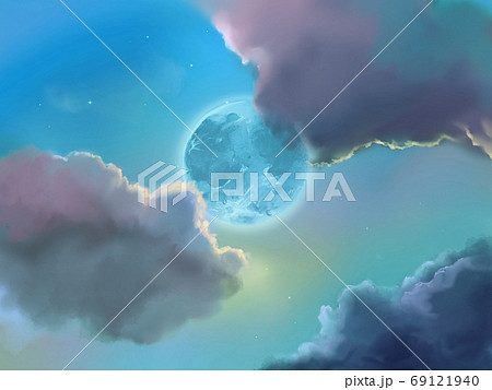 カラフルな夕焼け雲と綺麗な満月の風景画のイラスト素材
