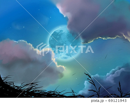 夜空と雲と月明かりと木々の風景画のイラスト素材