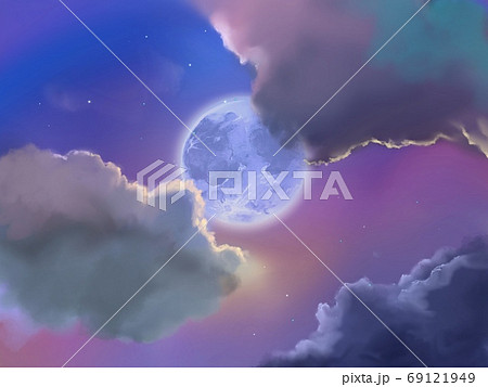 カラフルな夕焼け雲と満月の風景画のイラスト素材