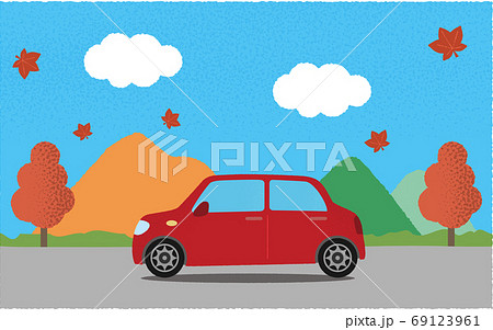 秋 山沿いの道を進む赤い自動車のベクターイラストのイラスト素材