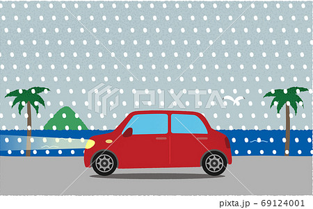 吹雪の中、ライトを点けて海沿いの道を進む赤い自動車のベクターイラスト 吹雪の中、ライトを点けて海沿いの道を進む赤い自動車のベクターイラスト 69124001