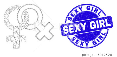 Blue Distress Sexy Girl Stamp and Web Mesh Lesbian Symbol 69125201