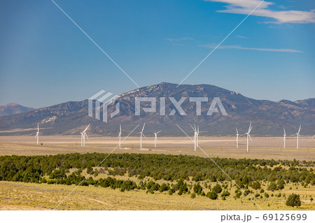 Sunny view of many windmill in a rural area Sunny view of many windmill in a rural area 69125699