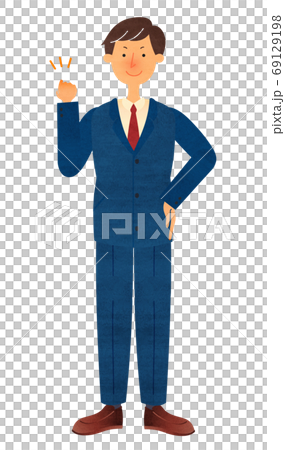 片手でガッツポーズをするスーツ姿の若い男性のイラスト素材