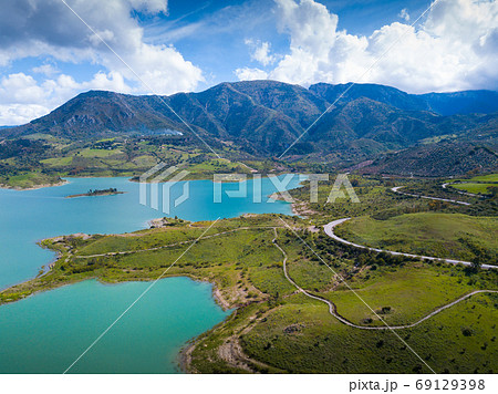 Panoramic view over Embalse de Zahara inland lake, Andalusia, Spain 69129398