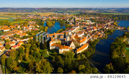 View from drone of Czech town of Telc 69129645