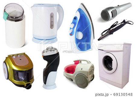 Assortment of household appliances isolated on white background Assortment of household appliances isolated on white background 69130548