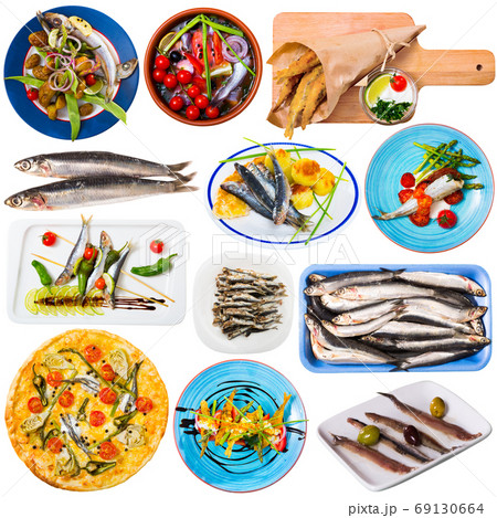 Collection of dishes of small fish Collection of dishes of small fish 69130664