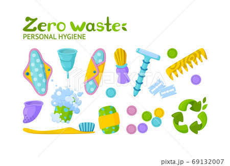 Personal hygiene zero waste set. Symbol of recycling and reusable items. Vector illustration Personal hygiene zero waste set. Symbol of recycling and reusable items. Vector illustration 69132007