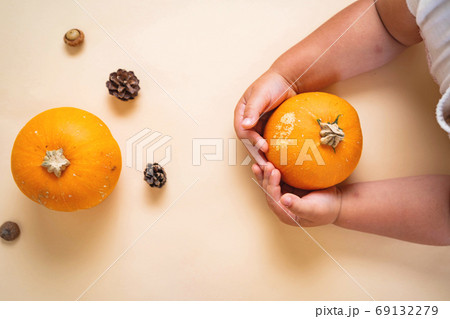Top view of pumpkin and cones flat lay. orange color. Harvest or halloween concept Top view of pumpkin and cones flat lay. orange color. Harvest or halloween concept 69132279