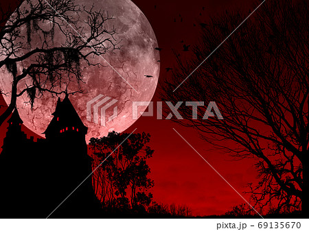 城と赤い満月のイラスト素材