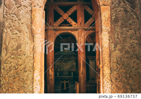 Borgund, Norway. Carved Details Of Famous Wooden Norwegian Landmark Stavkirke. Ancient Old Wooden Triple Nave Stave Church 69136737