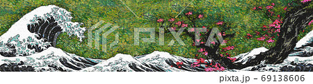 神奈川沖浪裏&桜 油絵ロングバージョン 神奈川沖浪裏&桜 油絵ロングバージョン 69138606